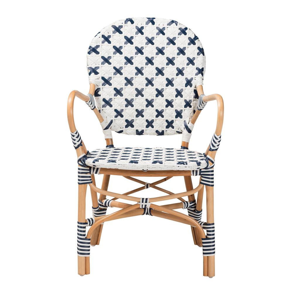 French Blue and White Weaving and Natural Rattan Bistro Chair. Picture 12