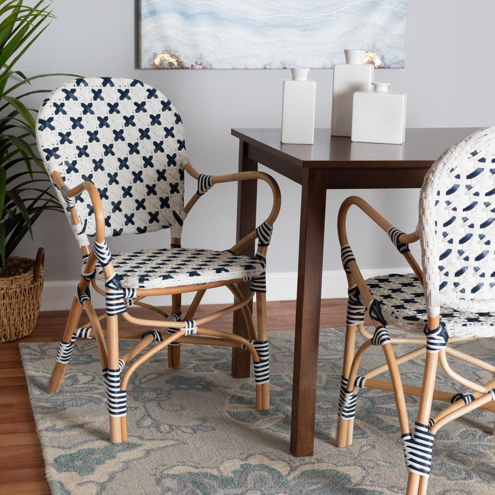 French Blue and White Weaving and Natural Rattan Bistro Chair. Picture 18