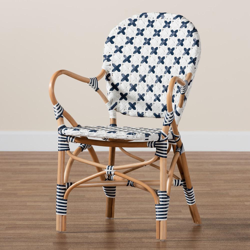 French Blue and White Weaving and Natural Rattan Bistro Chair. Picture 19