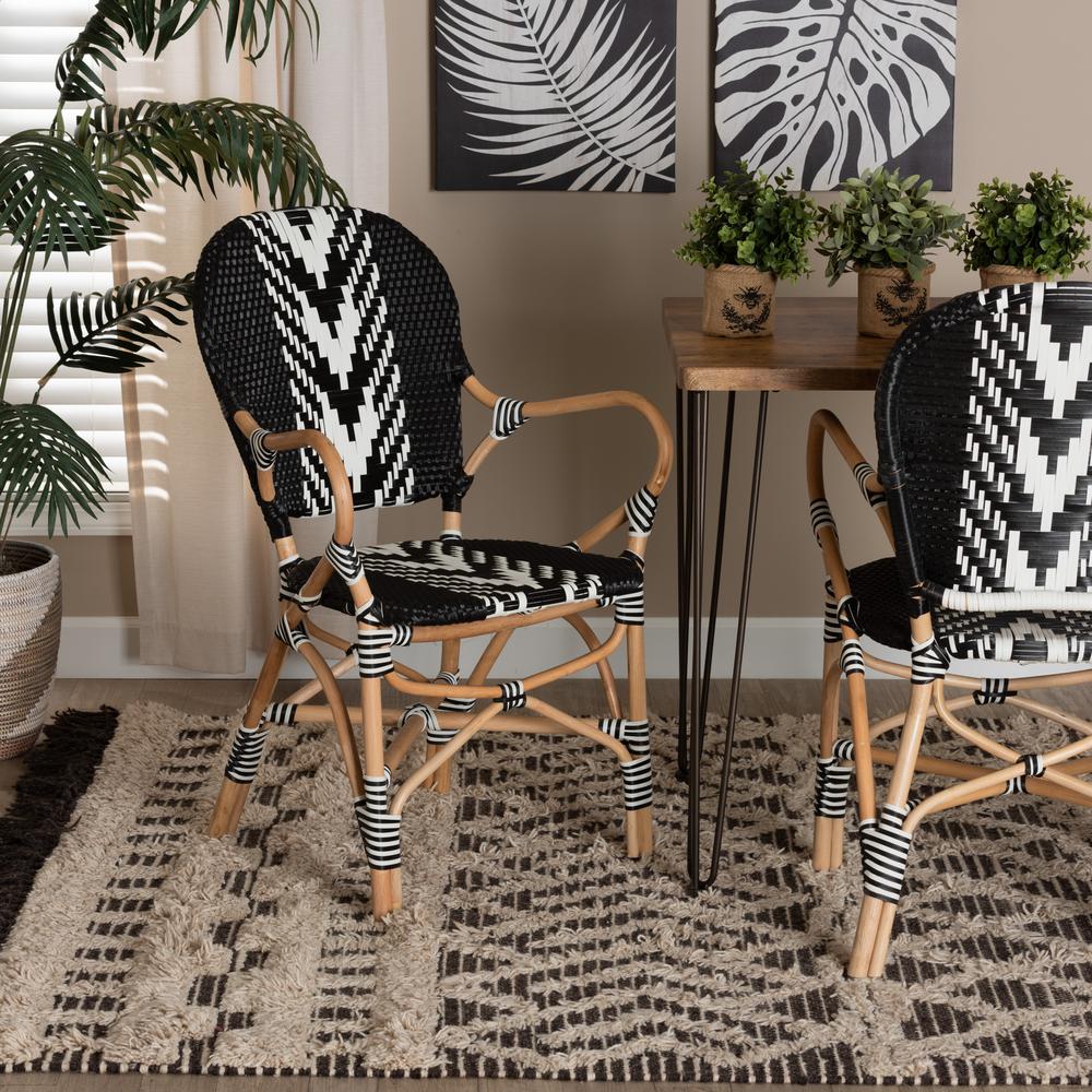 French Two-Tone Black and White Weaving and Natural Rattan Indoor Dining Chair. Picture 18