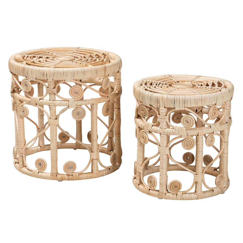 Bohemian Natural Brown Rattan 2-Piece Nesting End Table Set. Picture 9