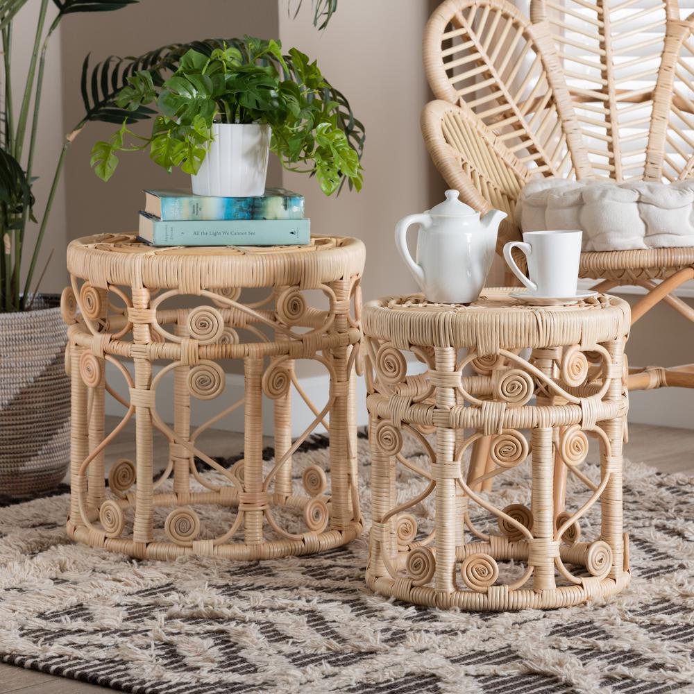 Bohemian Natural Brown Rattan 2-Piece Nesting End Table Set. Picture 14