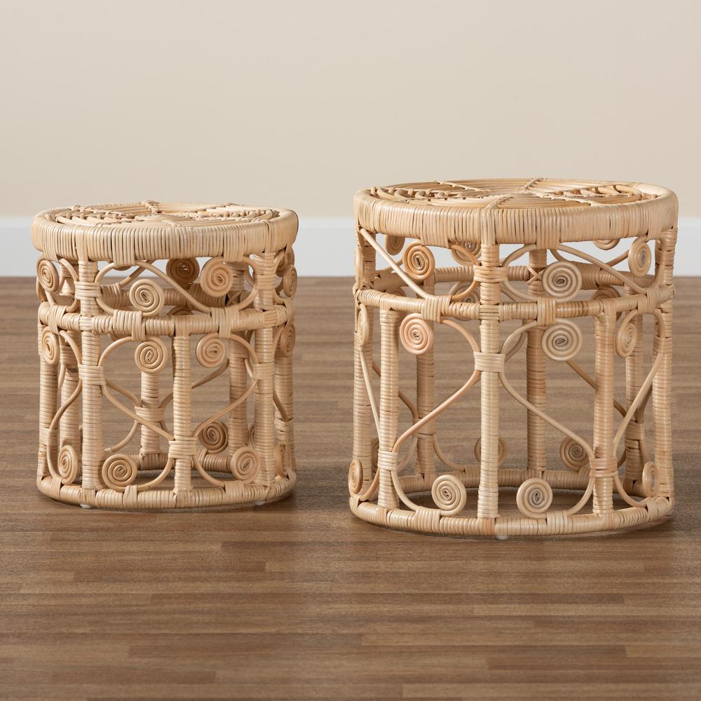 Bohemian Natural Brown Rattan 2-Piece Nesting End Table Set. Picture 15