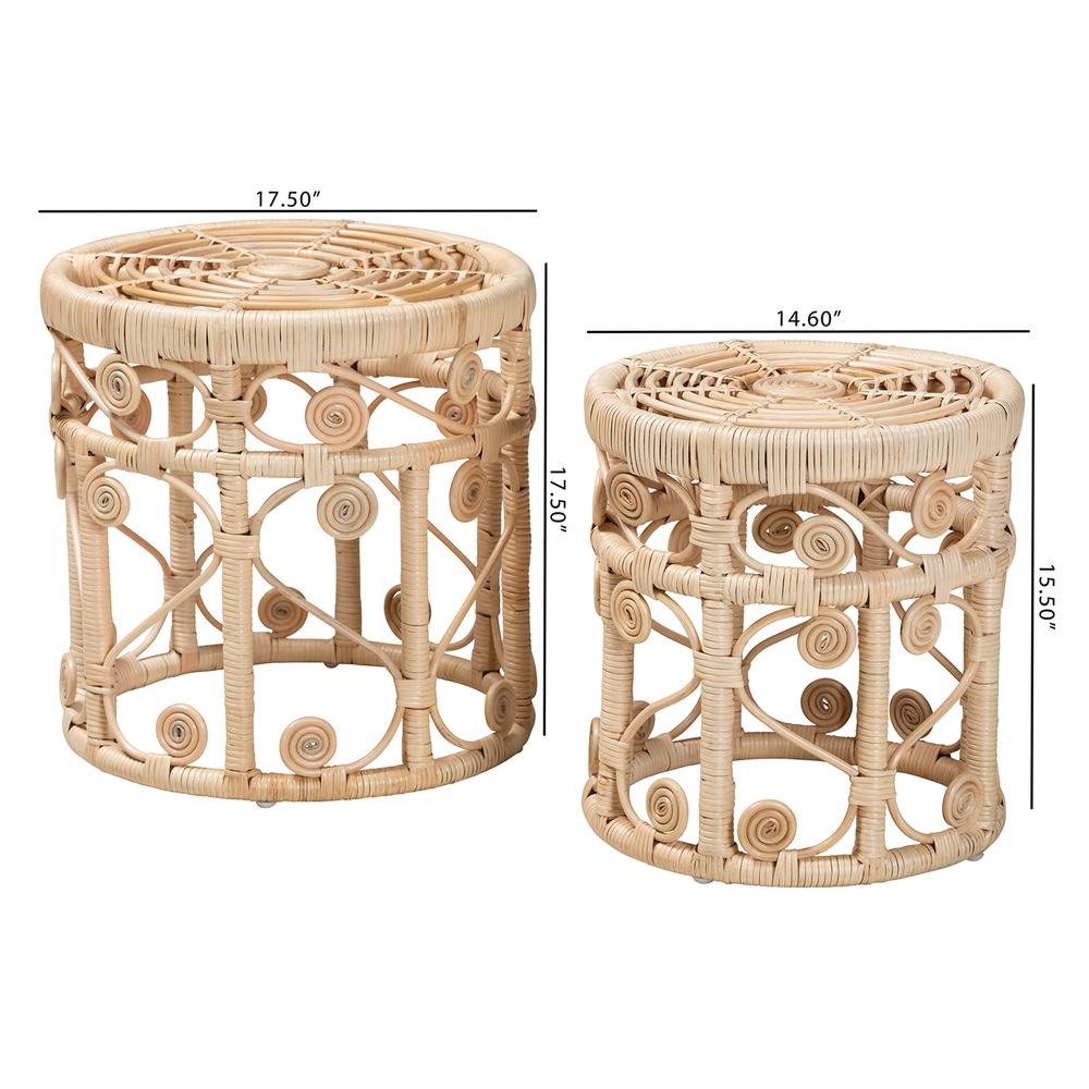 Bohemian Natural Brown Rattan 2-Piece Nesting End Table Set. Picture 16