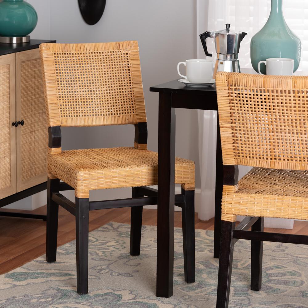 Baxton Studio Lesia Modern Bohemian Natural Brown Rattan and Espresso Brown Mahogany Wood Dining Chair. Picture 9