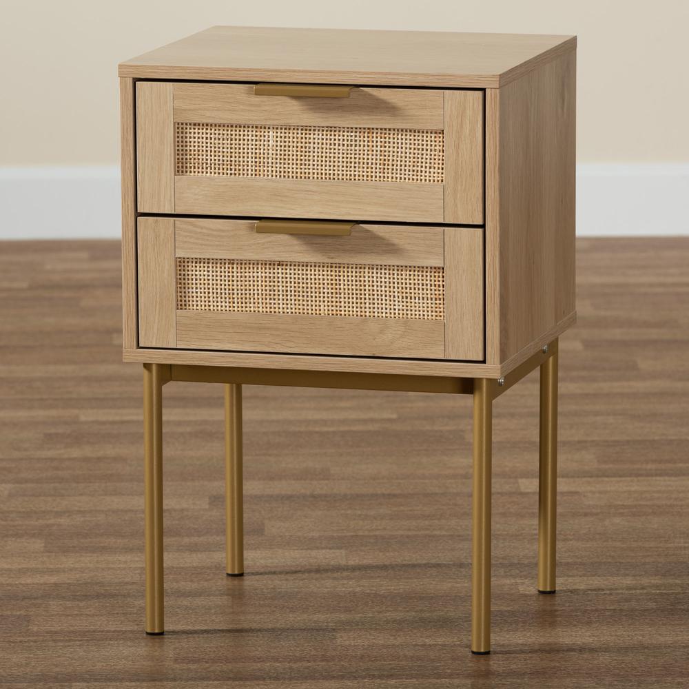 Dewitt Japandi Light Brown Finished Wood and Gold Metal 2-Drawer End Table. Picture 19