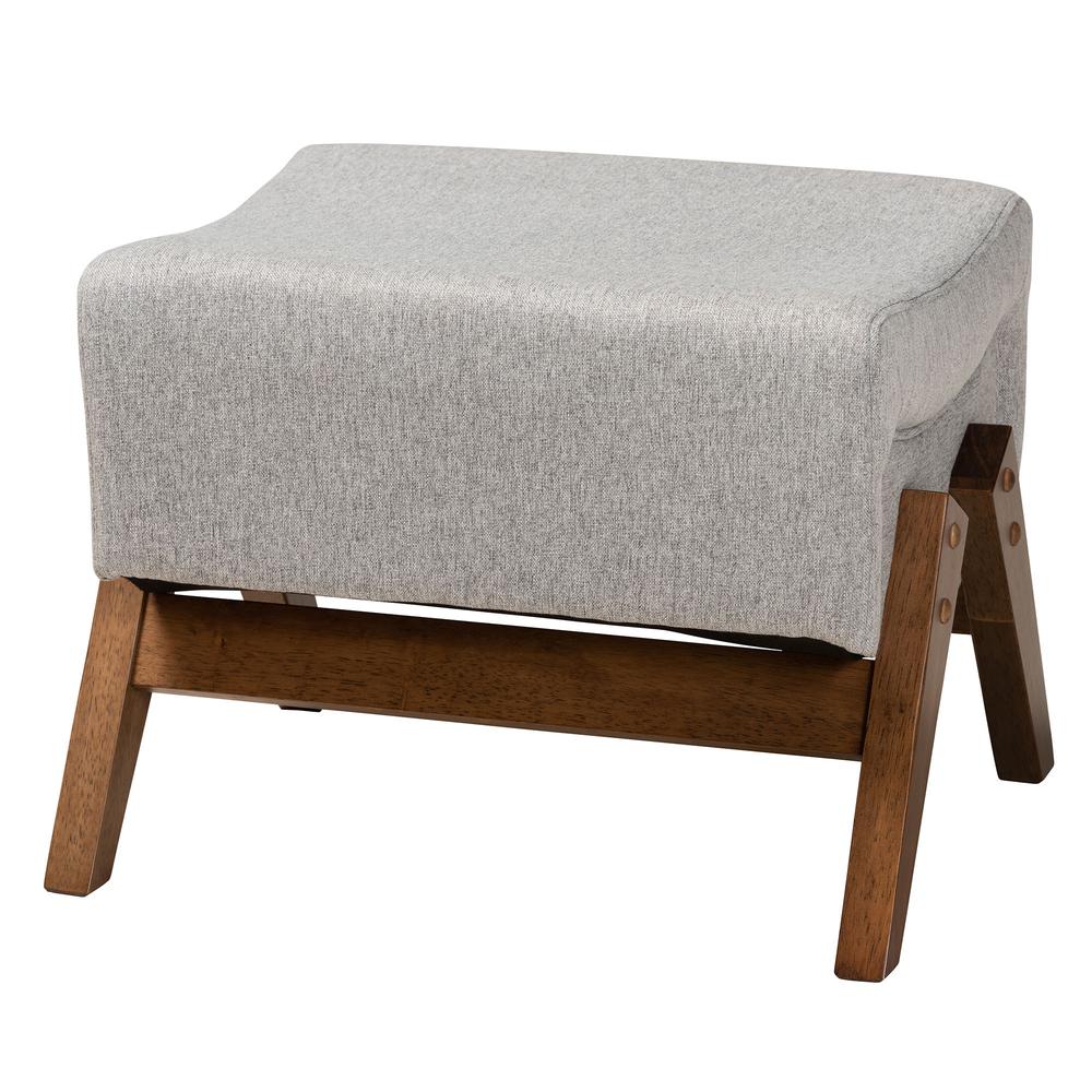 Light Grey Fabric and Walnut Brown Finished Wood Ottoman. Picture 9