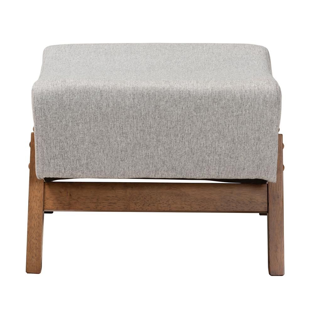 Light Grey Fabric and Walnut Brown Finished Wood Ottoman. Picture 10