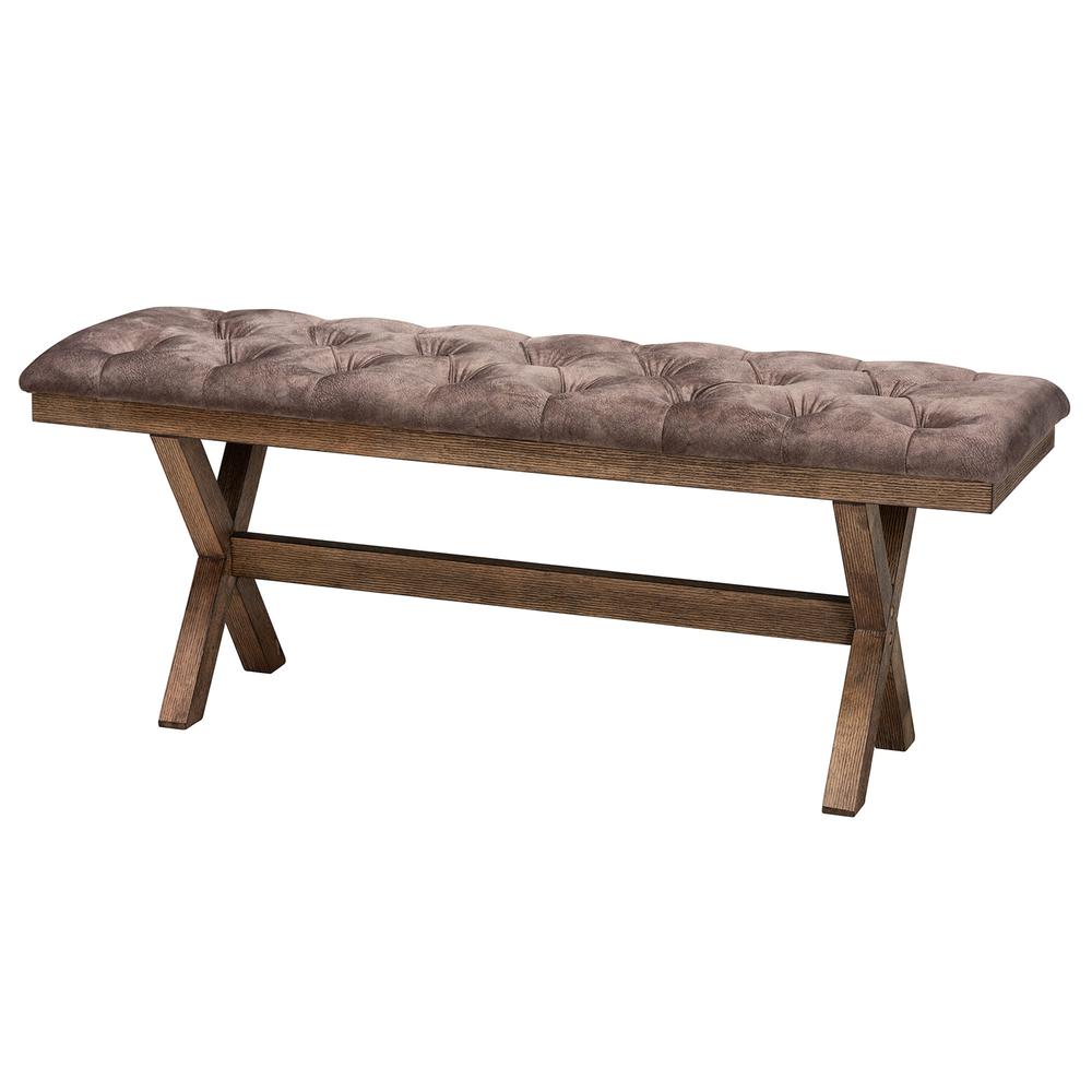 Farmhouse Chocolate Velvet Fabric and Rustic Brown Finished Wood Bench. Picture 9