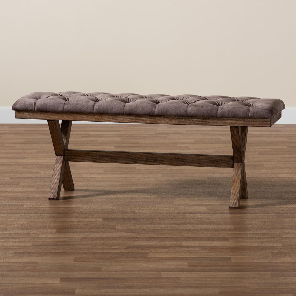Farmhouse Chocolate Velvet Fabric and Rustic Brown Finished Wood Bench. Picture 15