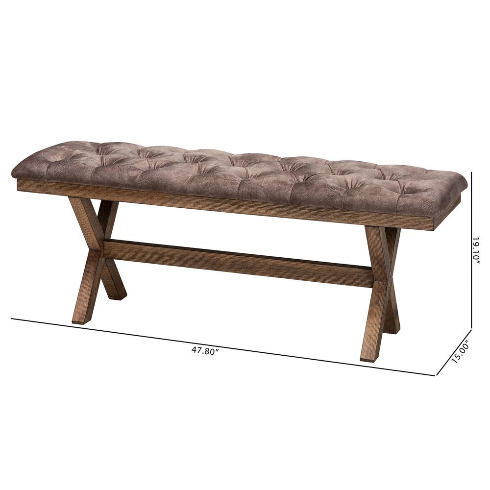 Farmhouse Chocolate Velvet Fabric and Rustic Brown Finished Wood Bench. Picture 16