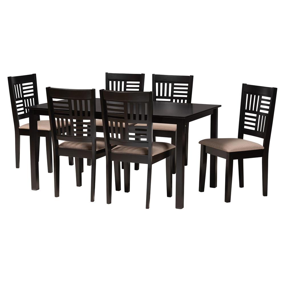 Deanna Modern Beige Fabric and Dark Brown Finished Wood 7-Piece Dining Set. Picture 10