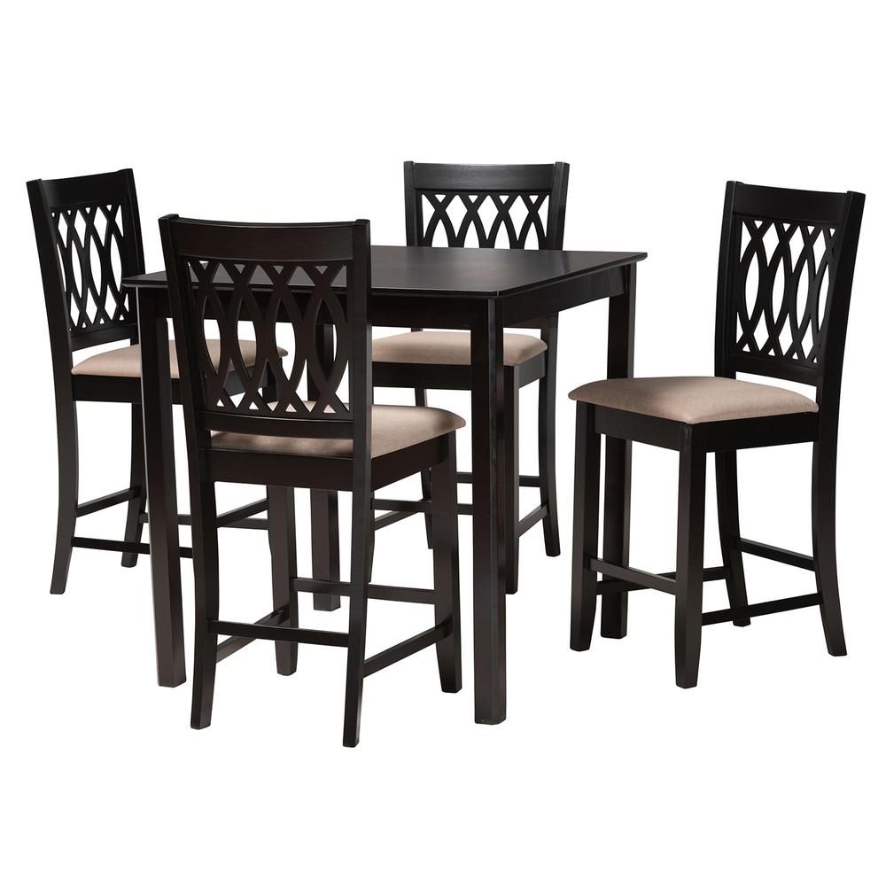 Florencia Modern Beige Fabric and Espresso Brown Finished Wood 5-Piece Pub Set. Picture 11