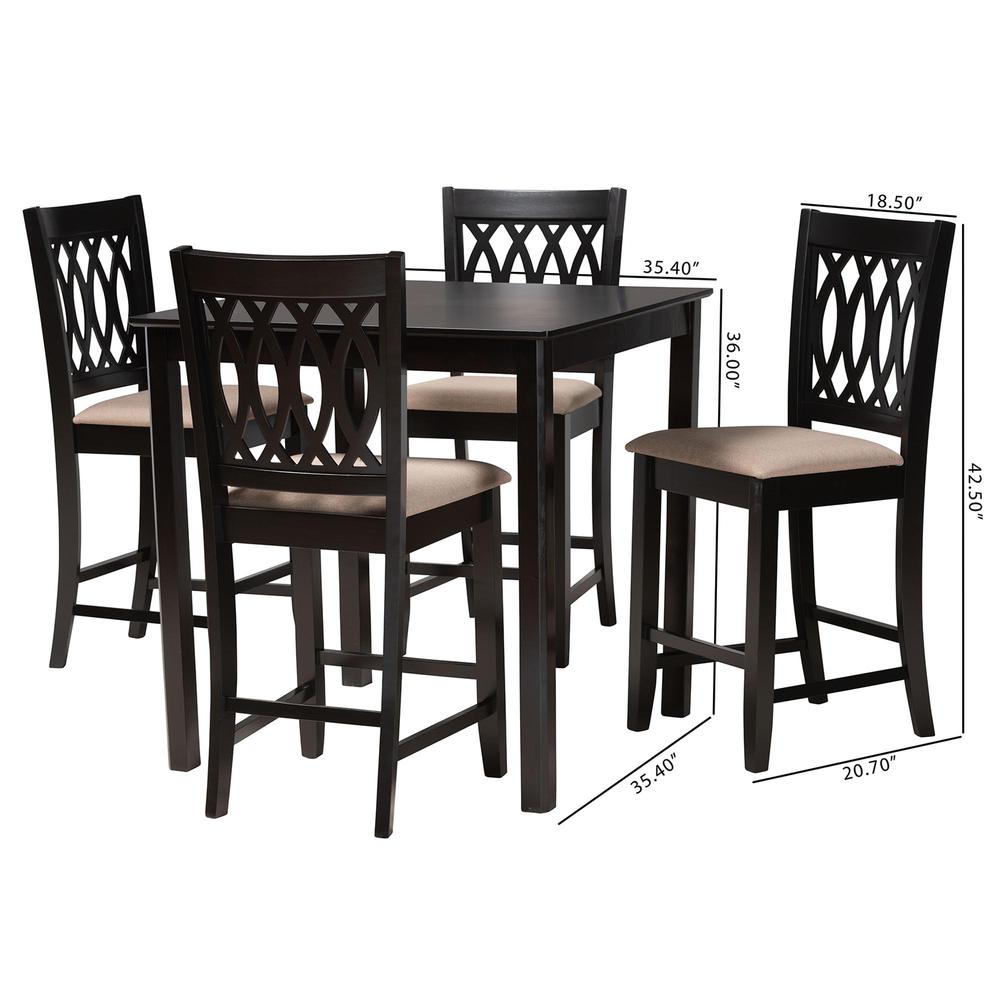 Florencia Modern Beige Fabric and Espresso Brown Finished Wood 5-Piece Pub Set. Picture 20