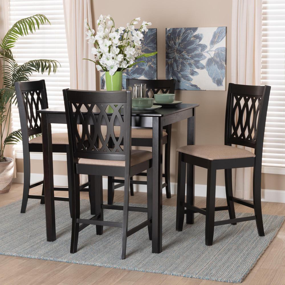 Florencia Modern Beige Fabric and Espresso Brown Finished Wood 5-Piece Pub Set. Picture 18