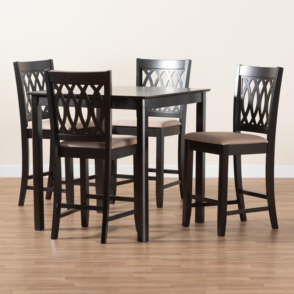 Florencia Modern Beige Fabric and Espresso Brown Finished Wood 5-Piece Pub Set. Picture 19