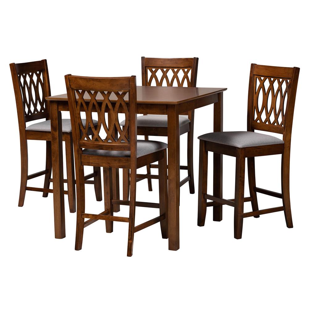 Florencia Modern Grey Fabric and Walnut Brown Finished Wood 5-Piece Pub Set. Picture 11