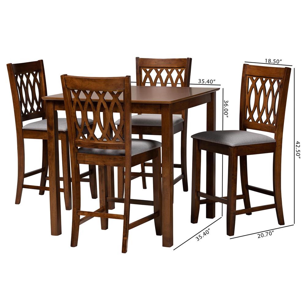 Florencia Modern Grey Fabric and Walnut Brown Finished Wood 5-Piece Pub Set. Picture 20