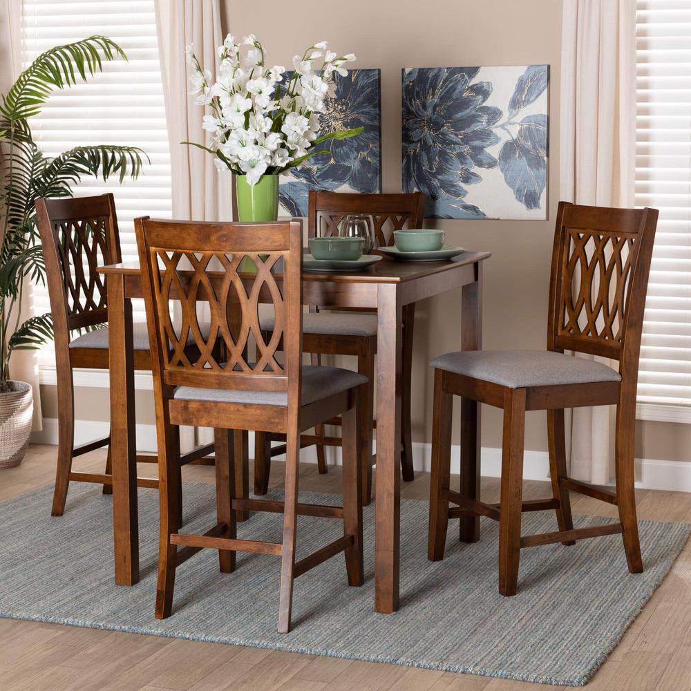 Florencia Modern Grey Fabric and Walnut Brown Finished Wood 5-Piece Pub Set. Picture 18