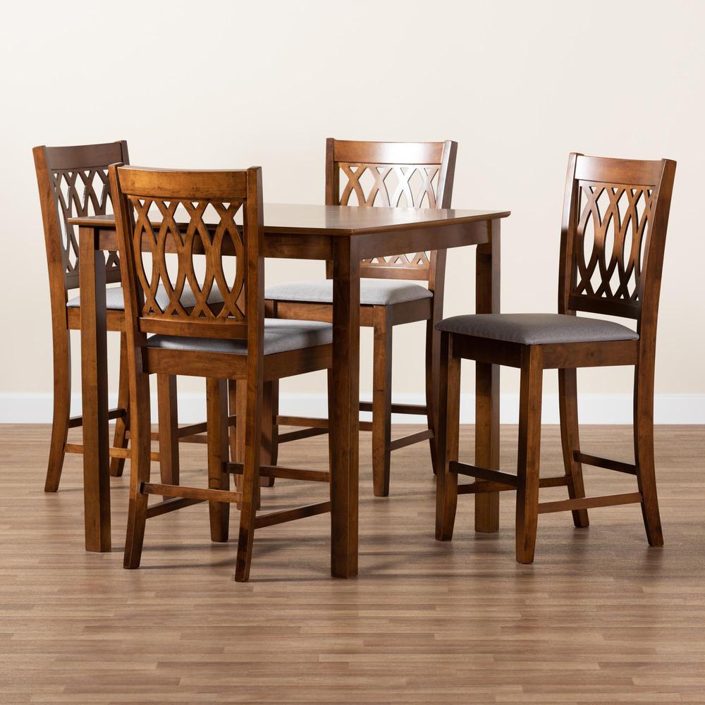 Florencia Modern Grey Fabric and Walnut Brown Finished Wood 5-Piece Pub Set. Picture 19