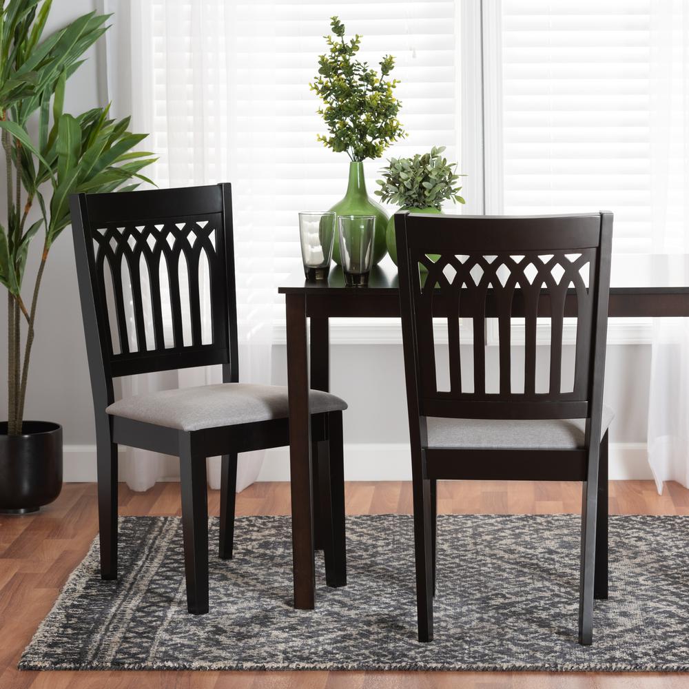 Genesis Modern Grey Fabric and Dark Brown Finished Wood 2-Piece Dining Chair Set. Picture 16