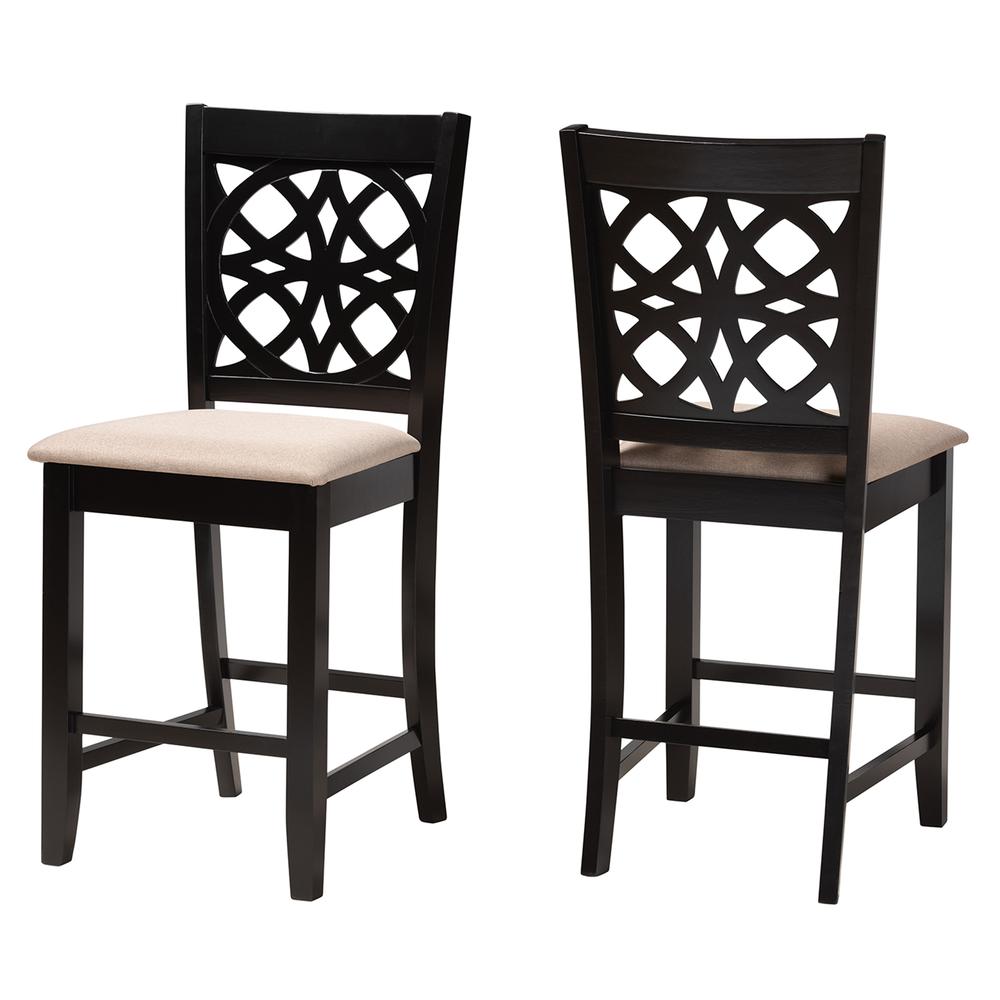 Beige Fabric and Dark Brown Finished Wood 2-Piece Counter Stool Set. Picture 10