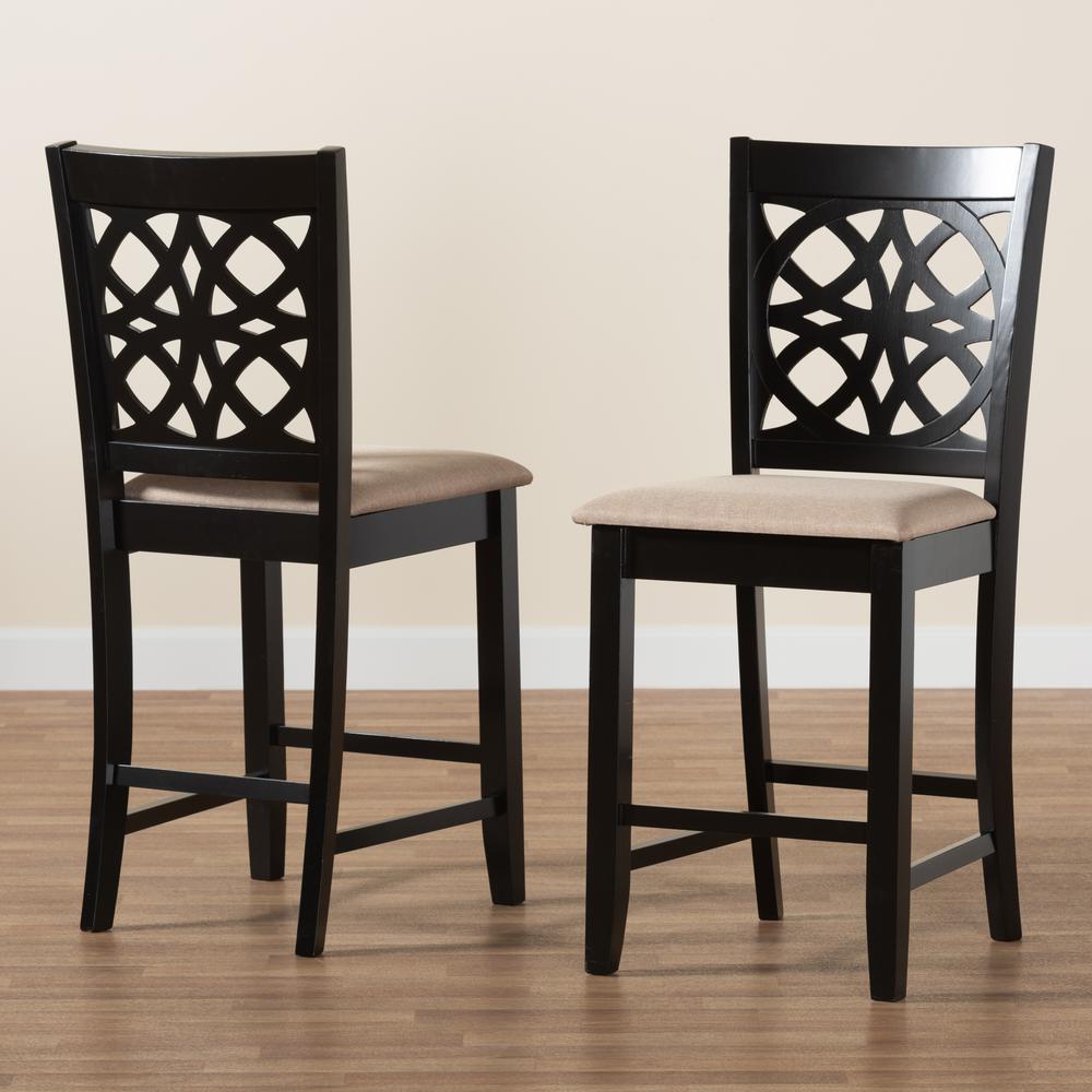 Beige Fabric and Dark Brown Finished Wood 2-Piece Counter Stool Set. Picture 17