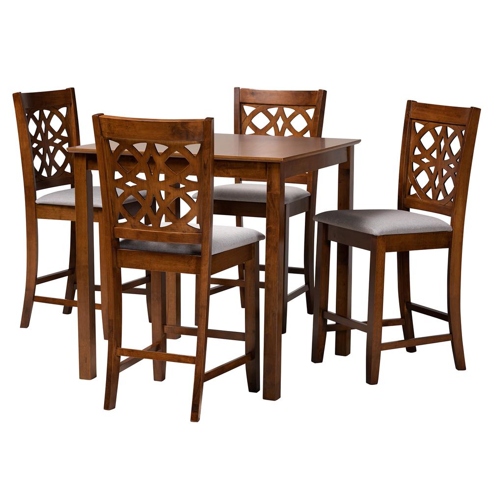 Abigail Modern Grey Fabric and Walnut Brown Finished Wood 5-Piece Pub Set. Picture 11