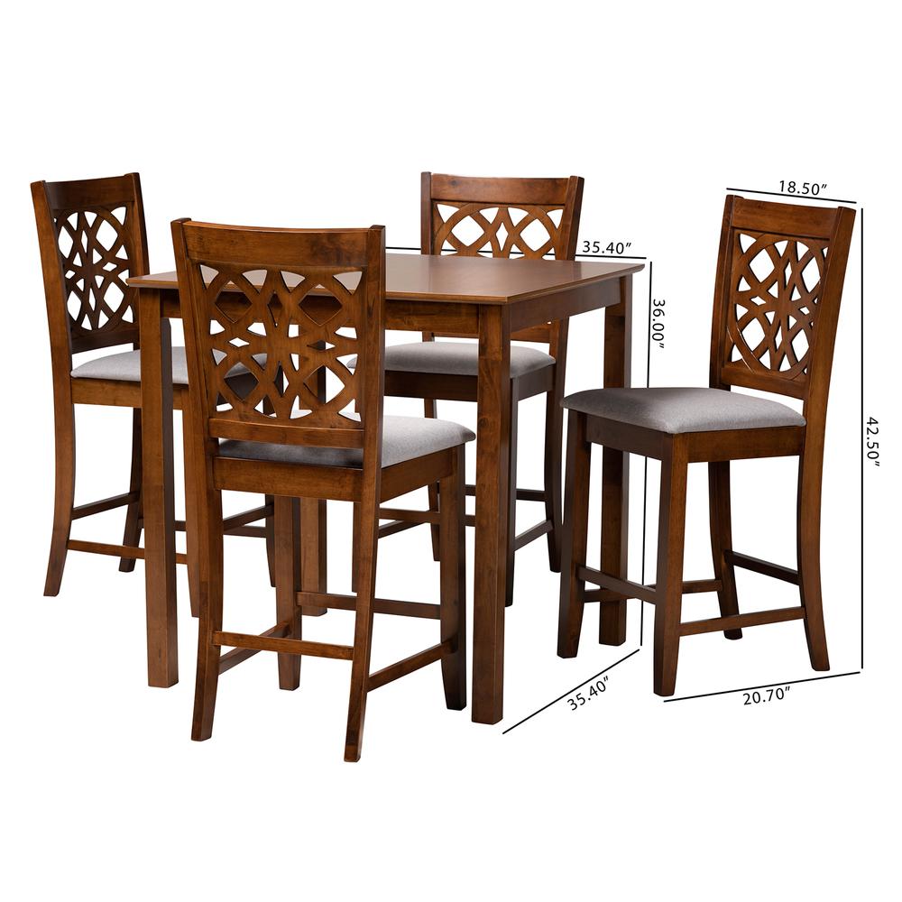 Abigail Modern Grey Fabric and Walnut Brown Finished Wood 5-Piece Pub Set. Picture 20