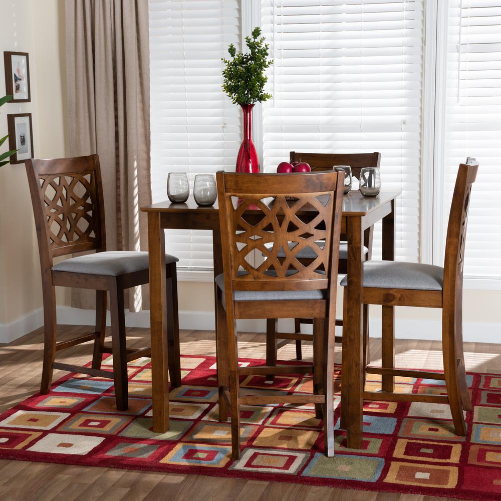 Abigail Modern Grey Fabric and Walnut Brown Finished Wood 5-Piece Pub Set. Picture 18