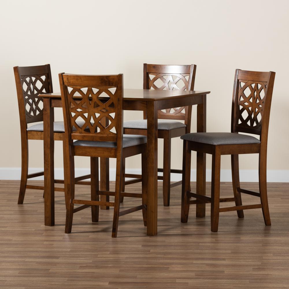 Abigail Modern Grey Fabric and Walnut Brown Finished Wood 5-Piece Pub Set. Picture 19