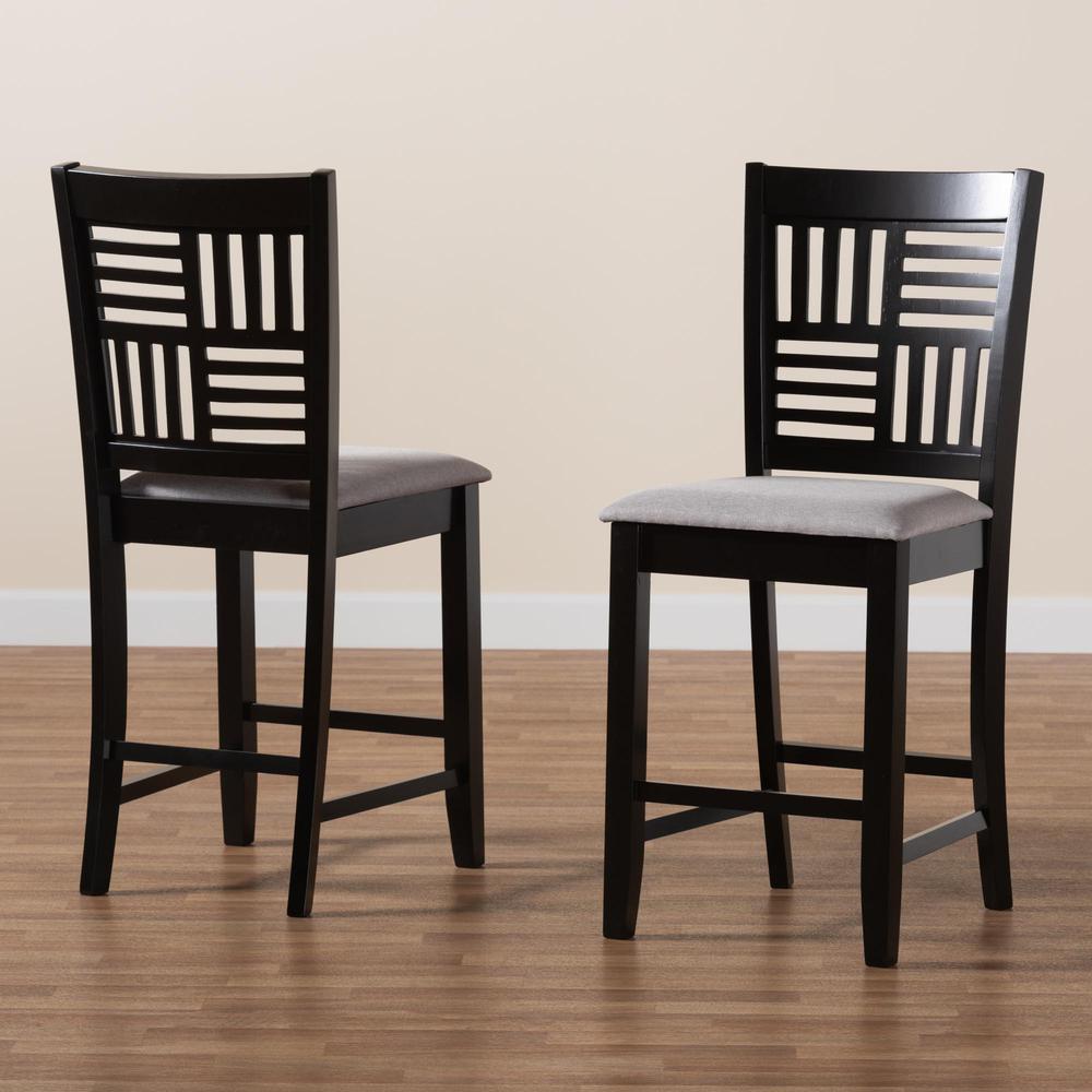 Deanna Modern Grey Fabric and Dark Brown Finished Wood 2-Piece Counter Stool Set. Picture 17