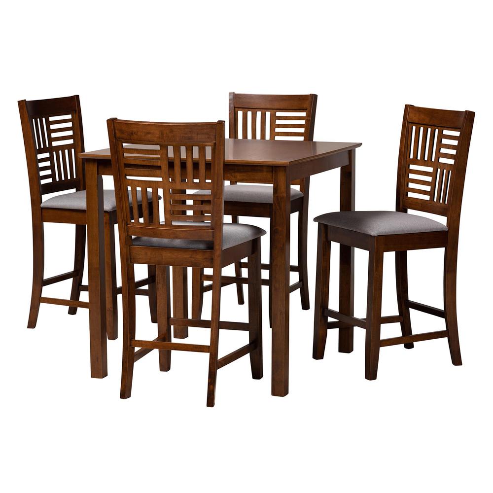 Deanna Modern Grey Fabric and Walnut Brown Finished Wood 5-Piece Pub Set. Picture 10