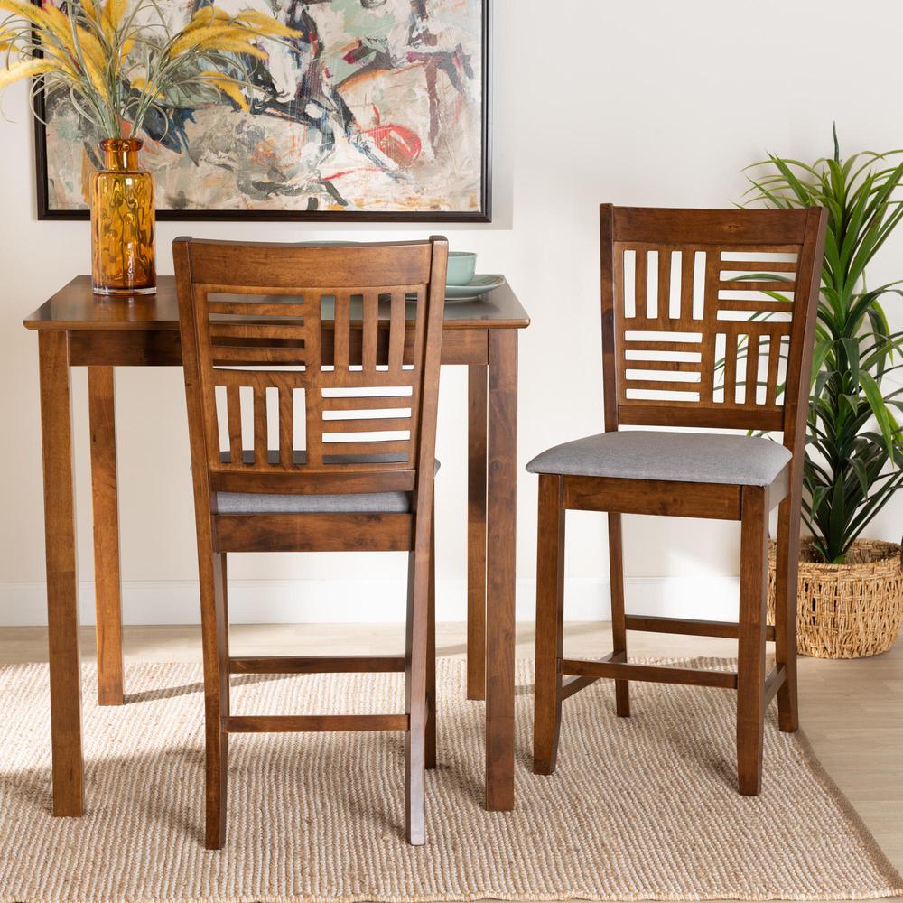 Grey Fabric and Walnut Brown Finished Wood 2-Piece Counter Stool Set. Picture 16