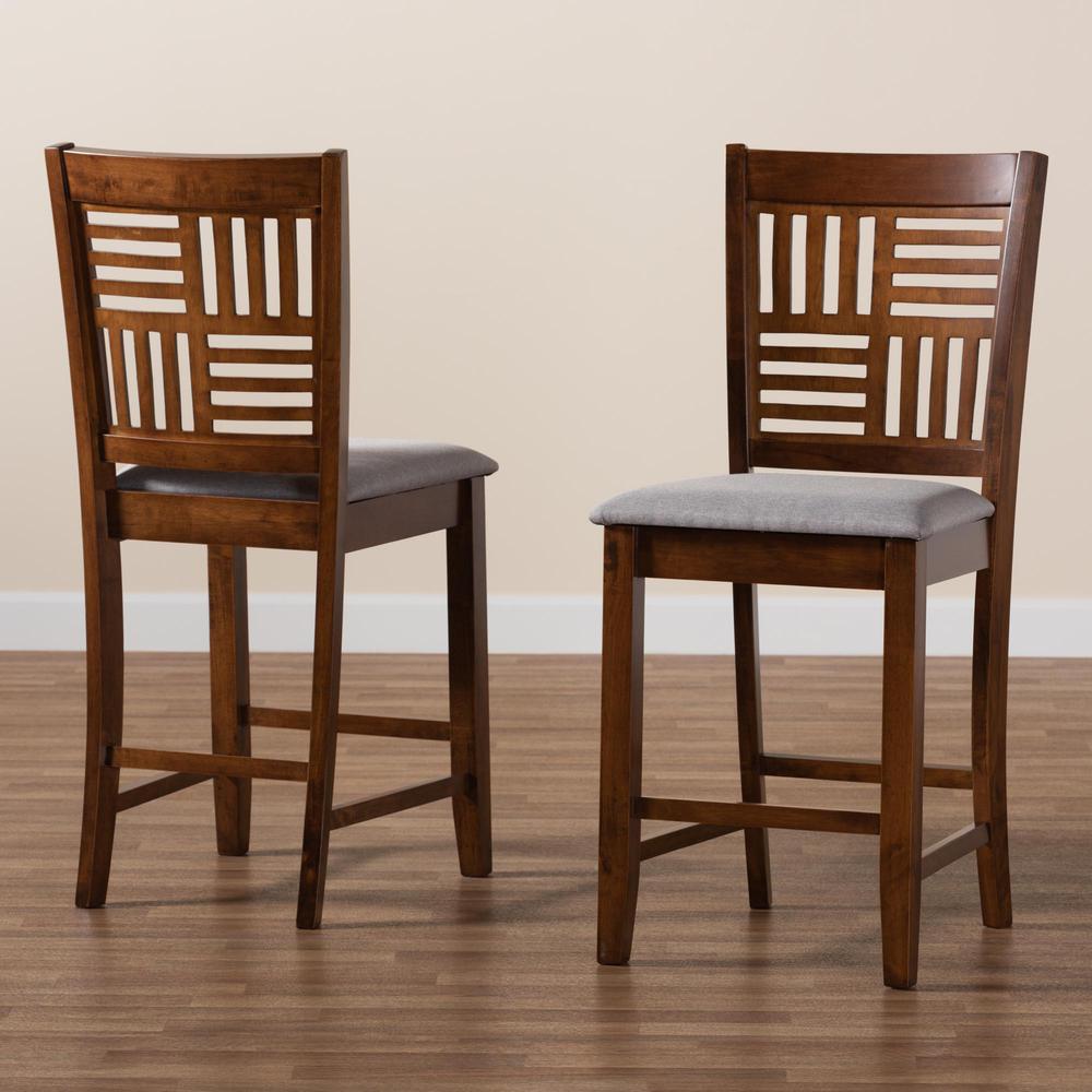 Grey Fabric and Walnut Brown Finished Wood 2-Piece Counter Stool Set. Picture 17
