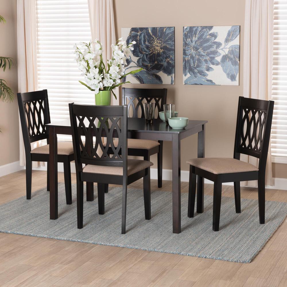 Beige Fabric and Espresso Brown Finished Wood 5-Piece Dining Set. Picture 18