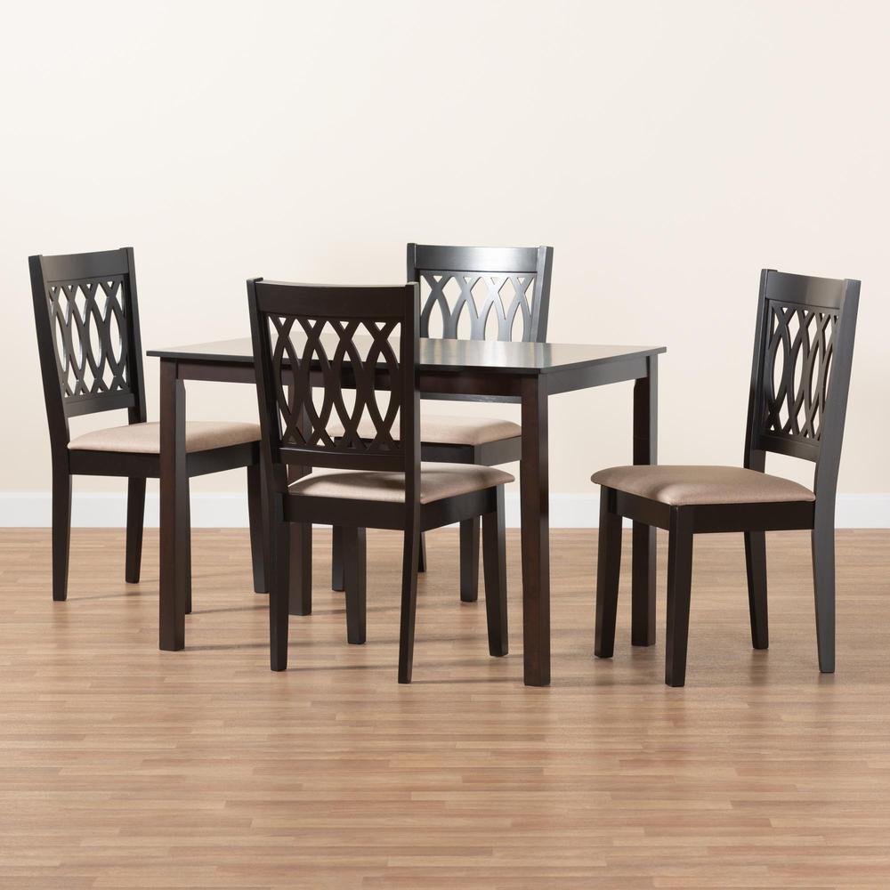 Beige Fabric and Espresso Brown Finished Wood 5-Piece Dining Set. Picture 19