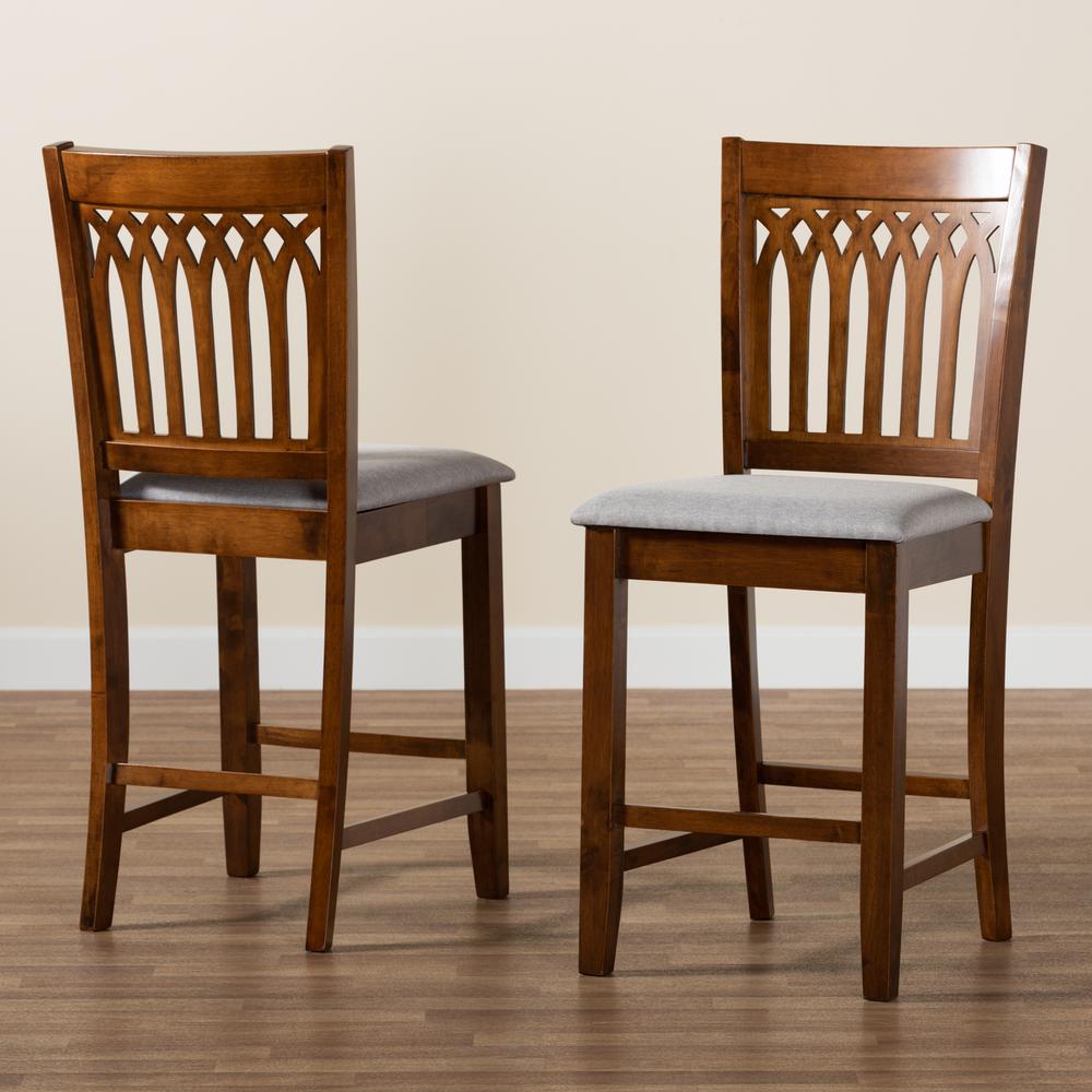 Grey Fabric and Walnut Brown Finished Wood 2-Piece Counter Stool Set. Picture 17