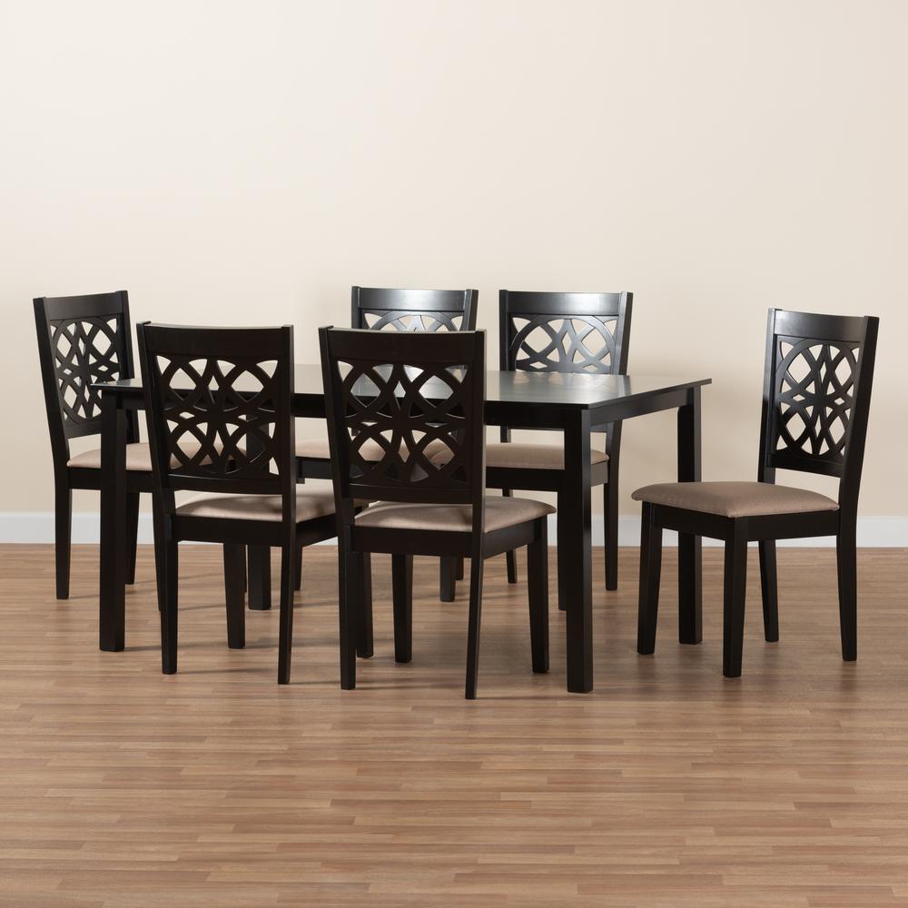 Abigail Modern Beige Fabric and Dark Brown Finished Wood 7-Piece Dining Set. Picture 19