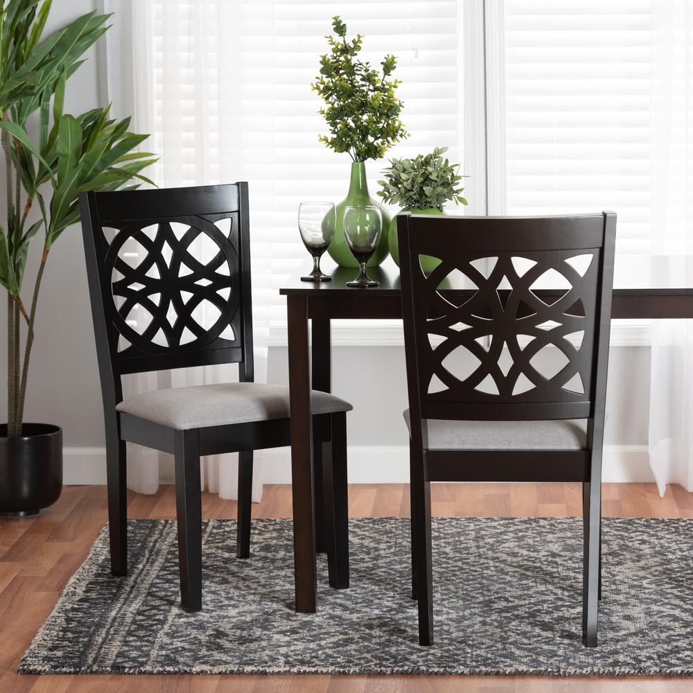 Abigail Modern Grey Fabric and Dark Brown Finished Wood 2-Piece Dining Chair Set. Picture 16