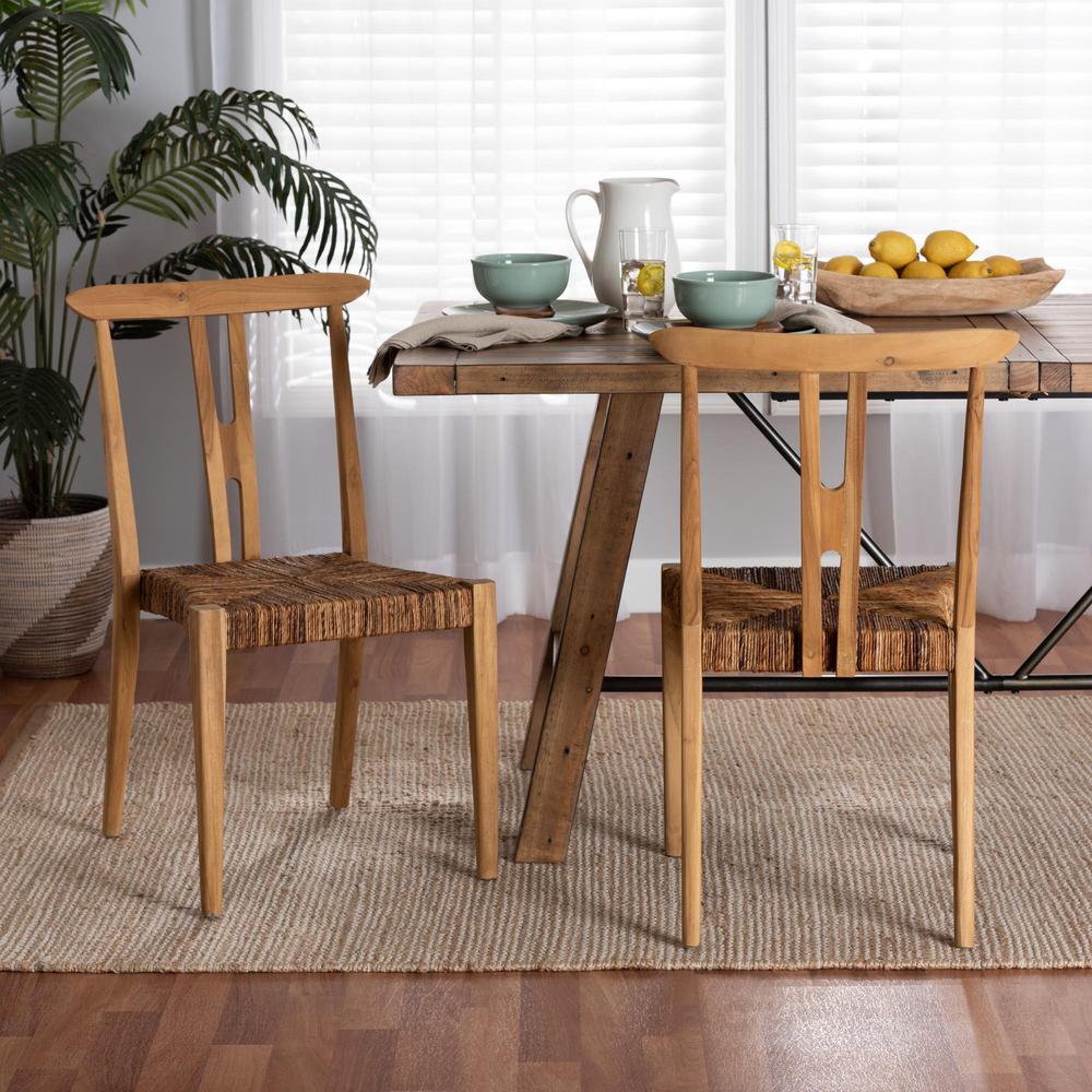 Bohemian Natural Brown Teak Wood and Seagrass 2-Piece Dining Chair Set. Picture 16