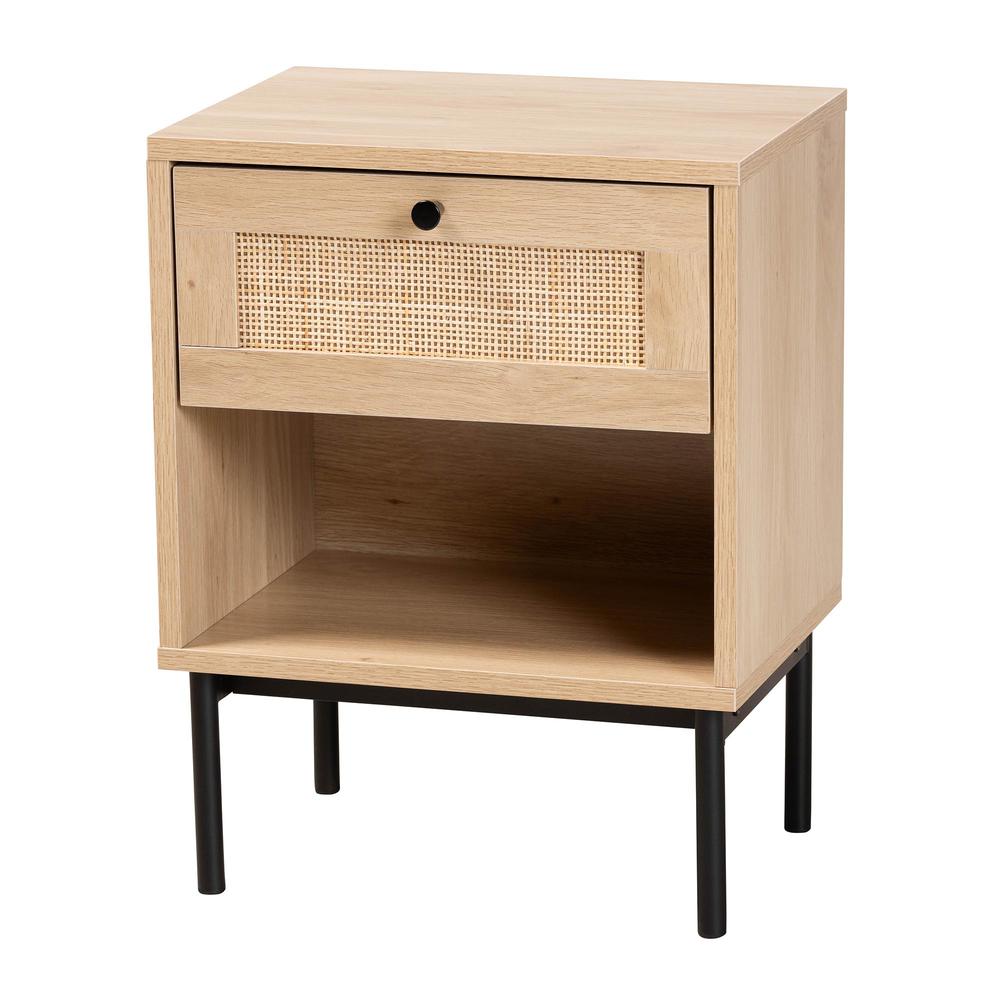 Light Brown and Black 1-Drawer End Table with Woven Rattan Accent. Picture 11