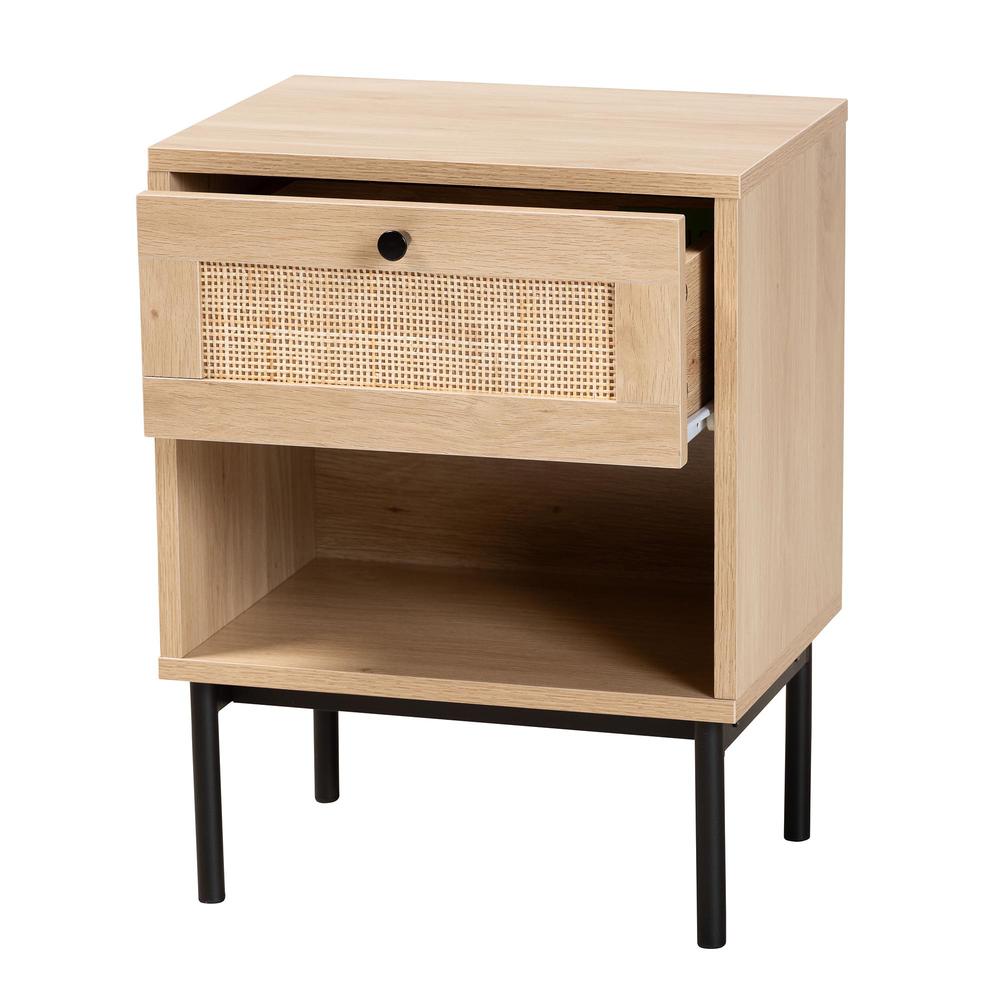 Light Brown and Black 1-Drawer End Table with Woven Rattan Accent. Picture 12