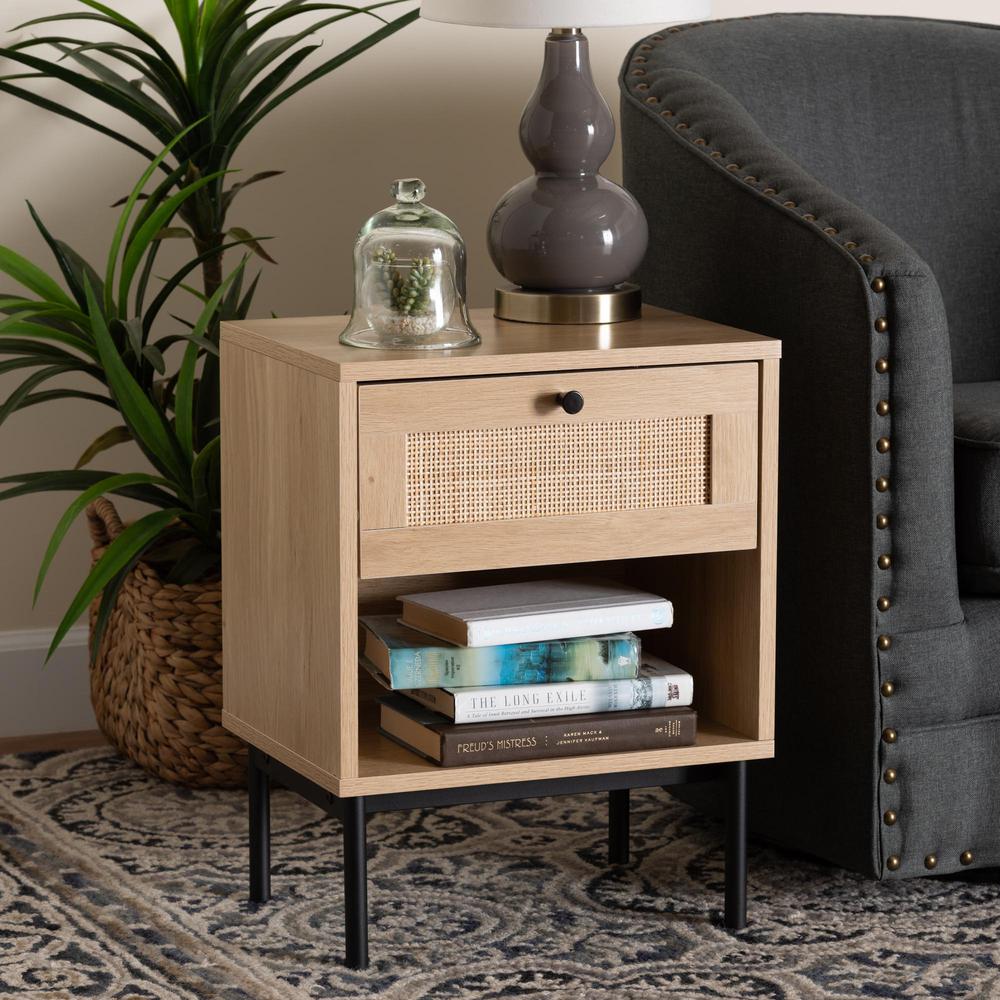 Light Brown and Black 1-Drawer End Table with Woven Rattan Accent. Picture 18