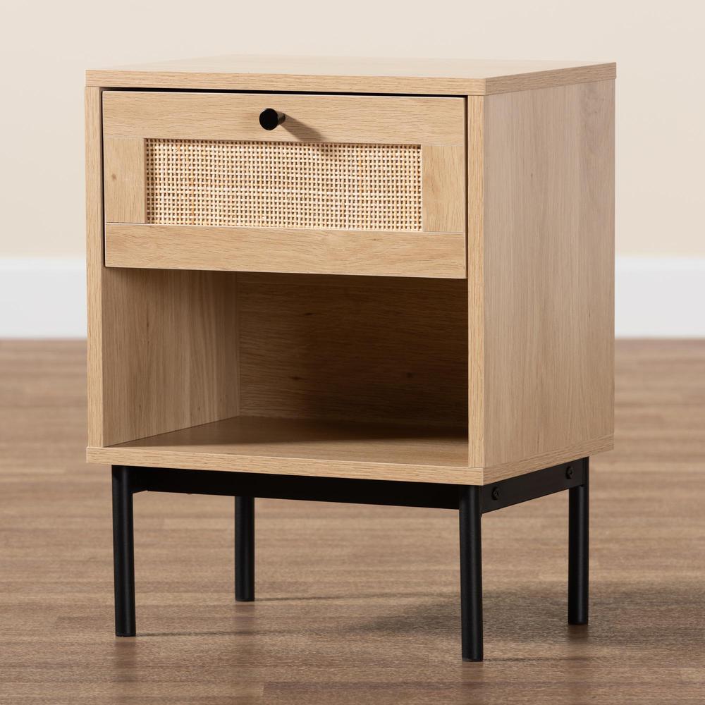 Light Brown and Black 1-Drawer End Table with Woven Rattan Accent. Picture 19