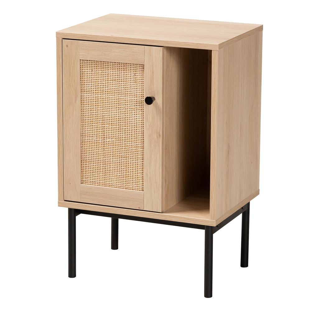 Light Brown and Black 1-Door Cabinet with Woven Rattan Accent. Picture 11