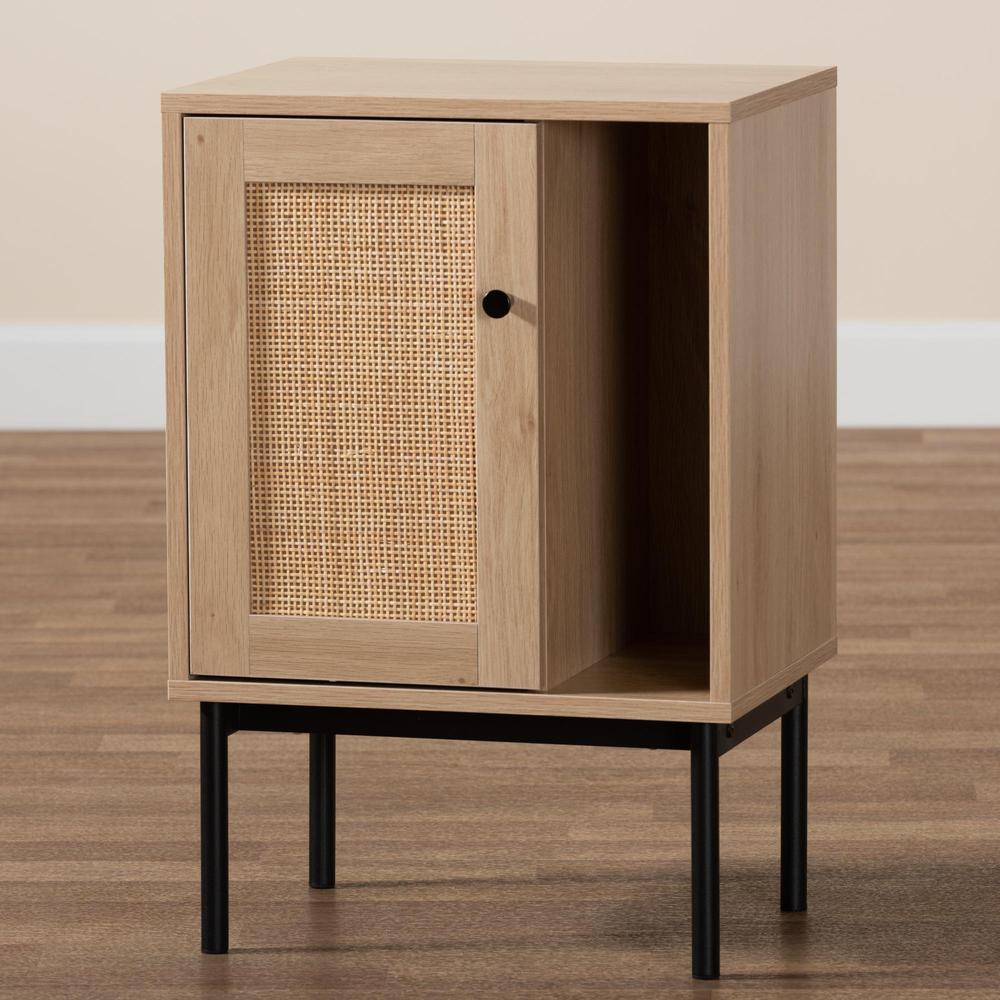 Light Brown and Black 1-Door Cabinet with Woven Rattan Accent. Picture 19
