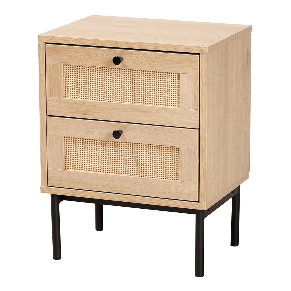 Light Brown and Black 2-Drawer End Table with Woven Rattan Accent. Picture 11