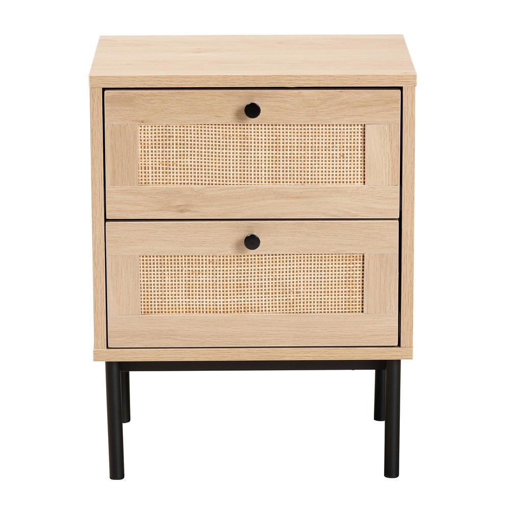 Light Brown and Black 2-Drawer End Table with Woven Rattan Accent. Picture 13