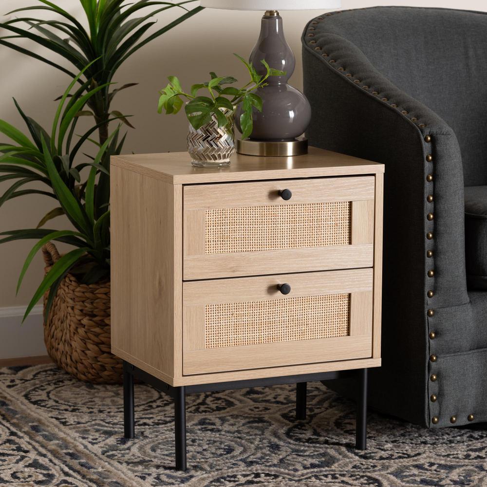 Light Brown and Black 2-Drawer End Table with Woven Rattan Accent. Picture 18
